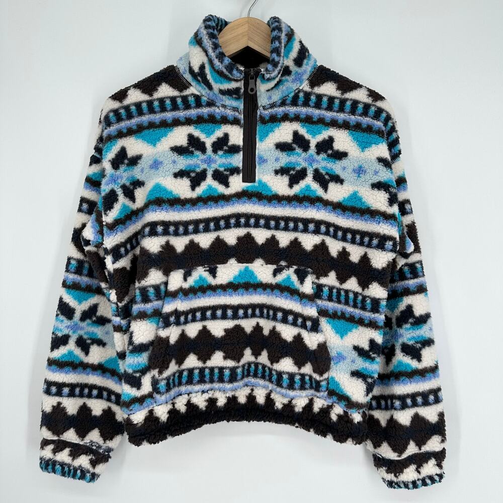 Aerie Offline Sherpa Fleece Aztec Quarter Zip Pullover Sweatshirt Jacket Blue